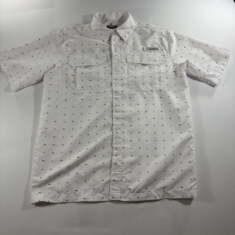HABIT Shirt Mens Medium Fishing White Fish Star Print Short Sleeve Button Up